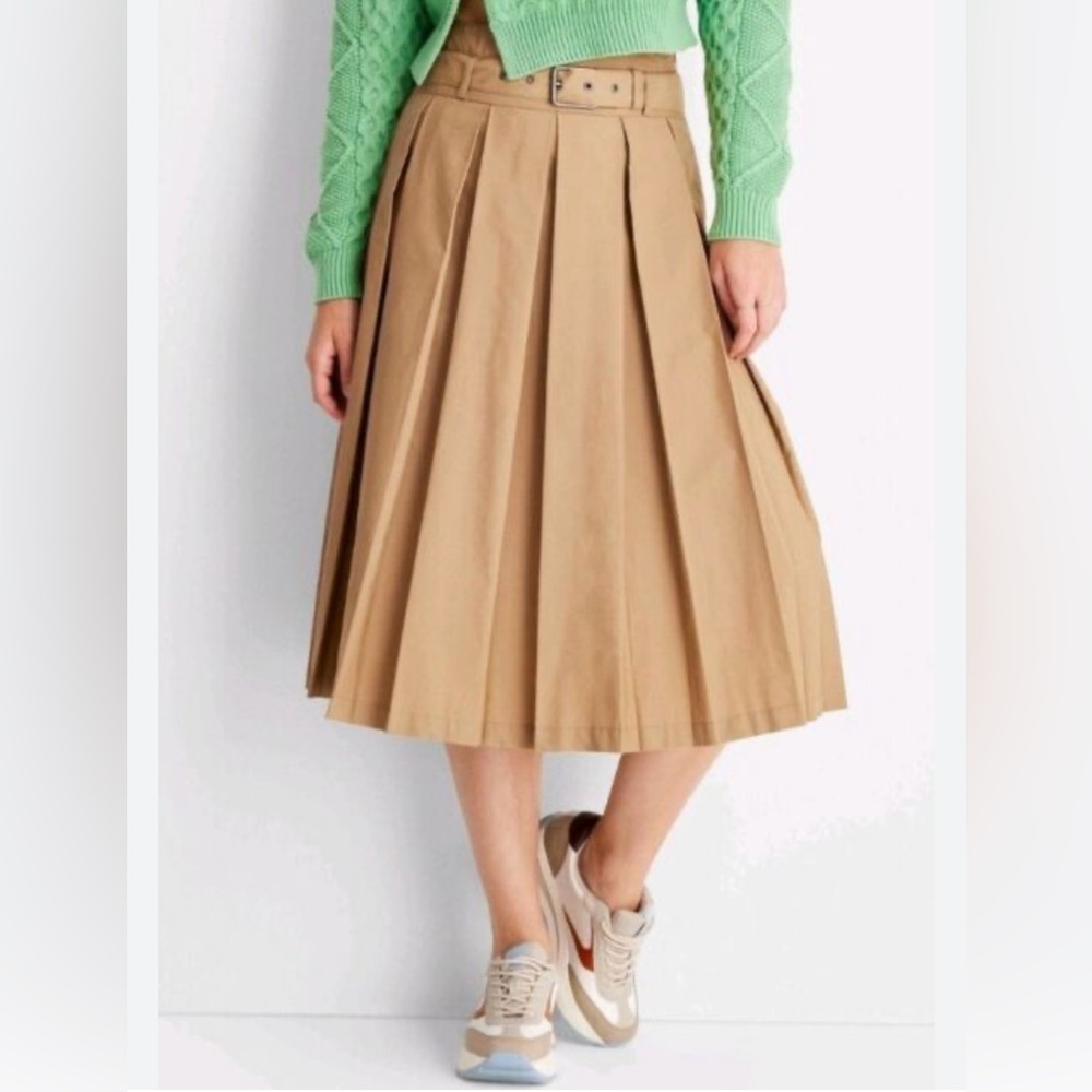 Women's Belt Buckle Pleated Midi Skirt - Future Collective Reese Blutstein Tan